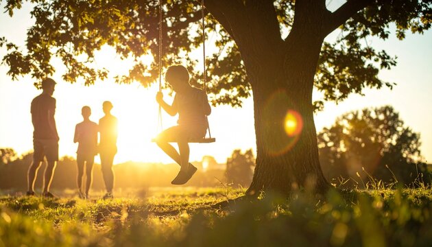 Joyful moment of a child swinging on a tree swing at sunset, silhouetted against the warm golden hour light, with family enjoying the peaceful outdoor scenery