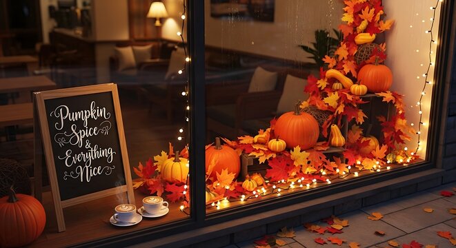 Autumnal window display pumpkins gourds and fall decorations create a festive scene