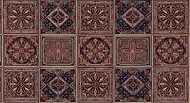 Traditional Ajrakh block print pattern featuring indigo and madder red floral geometric motifs for ethnic textile and cultural background