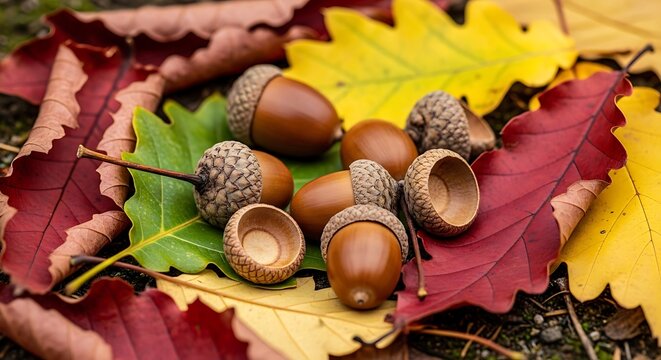 Autumn's bounty a close up of acorns and colorful fall leaves