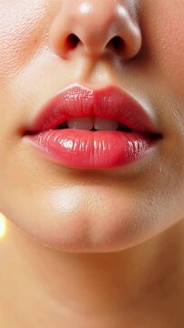 Close up of a woman's glossy coral lips with subtle movements and a hint of teeth