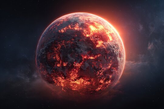 Fiery exoplanet with volcanic surface glows brightly against dark, cloudy cosmos