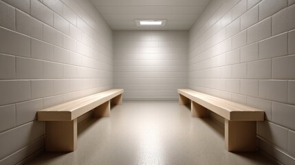 Fototapeta premium Empty minimalistic interior design of a stark hallway with simple wooden benches and smooth walls, highlighting modern architectural space without distractions.