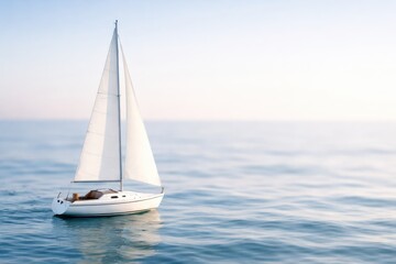 Fototapeta premium Serene white sailboat glides across calm blue ocean waters under a clear sky