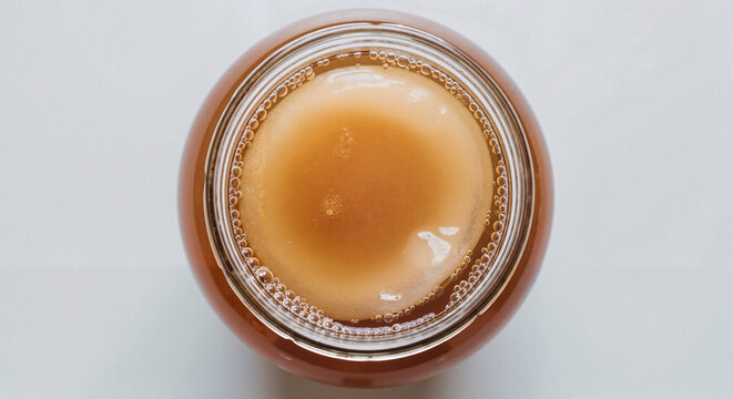 Kombucha tea in glass jar with bubbles on white background  