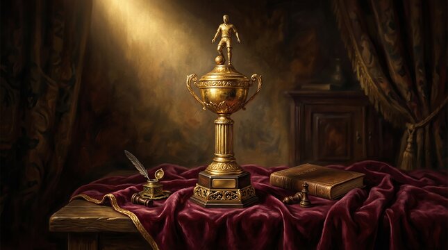 Vintage Golden Football Trophy on Velvet Table with Dramatic Light
