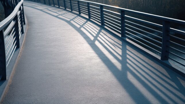 Serene Curved Walkway with Shadows from Rails Set Against a Calm Water Surface in a Peaceful Outdoor Environment