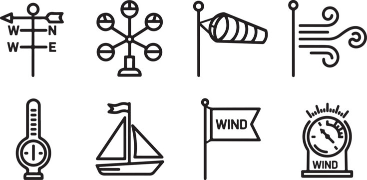 Various symbols representing wind direction and measurement instruments Vector