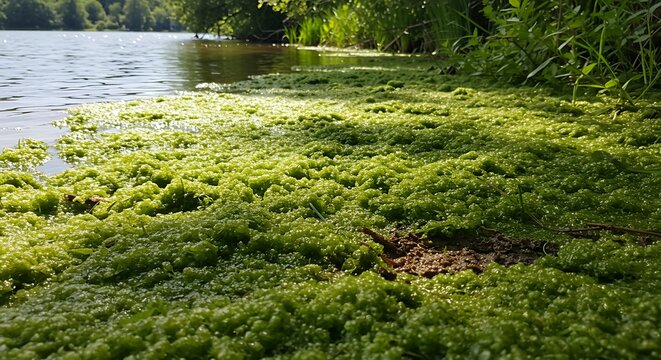 Thick layer of green duckweed and algae covering the surface of a pond shoreline in sunlight