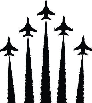 Five black fighter jets in formation with smoke trails airplane aircraft