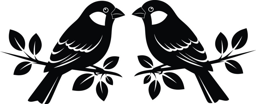 Two black silhouette sparrows perched on a branch with leaves bird white background
