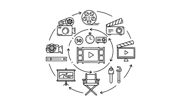 Film shooting and cinema silhouette icon vector set with camera projector player and movie symbols in bold solid style