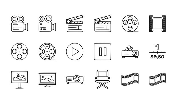 Minimal film and video production thin line icons vector set in circular layout with camera projector player and cinema symbols