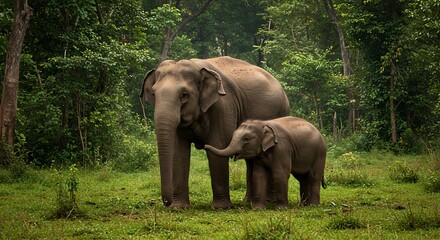 Fototapeta premium Adult Asian elephant with a young calf in a dense green tropical jungle habitat