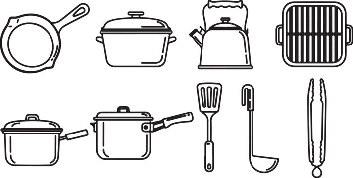 Various vintage cooking utensils and pots used for traditional meal preparation Vector