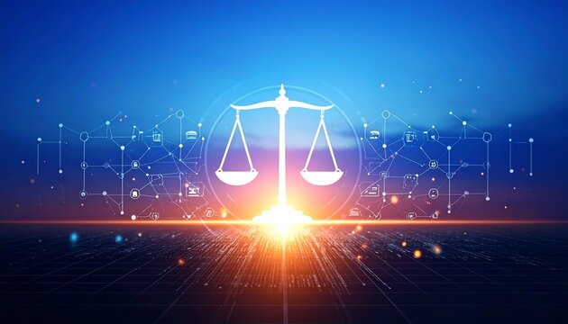 A glowing digital balance scale symbolizing justice, centered in futuristic technology patterns, with vibrant blue‑orange gradient background, representing fairness, connectivity, and equilibrium acro