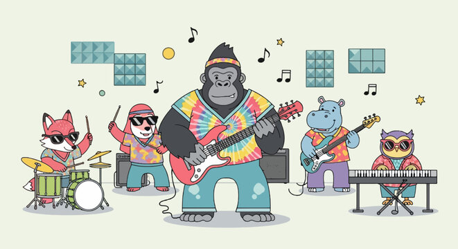 Hippie animal band playing music with gorilla guitarist fox drummer hippo bassist and owl keyboardist cartoon style on bright background