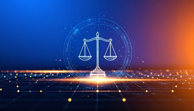 A glowing digital balance scale symbolizing justice, centered in futuristic technology patterns, with vibrant blue‑orange gradient background, representing fairness, connectivity, and equilibrium acro