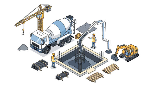 Isometric illustration of a construction site with machinery and workers