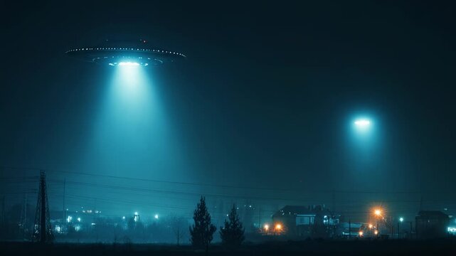 Unidentified flying object hovers over rural landscape at night. Glowing alien spacecraft emitting bright beam of light. Extraterrestrial mystery science fiction.