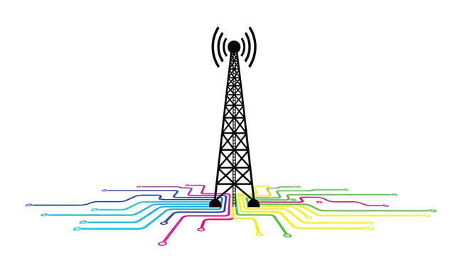 A black cell tower stands above colorful circuit board pathways