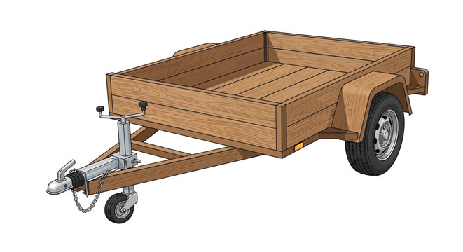Illustration of a wooden utility trailer with a hitch and single axle
