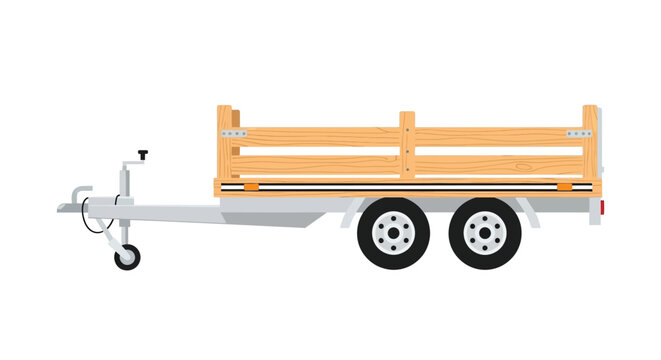Illustration of a two wheeled utility trailer with a wooden bed