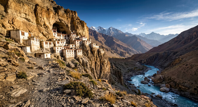 Phugtal Monastery built into cliff above river in Zanskar valley