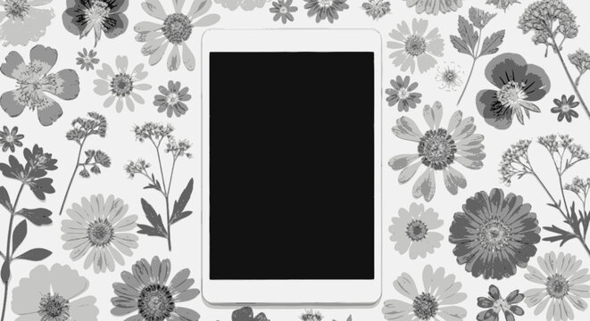 White tablet device surrounded by daisies and wildflowers in a botanical flat lay design set against a clean white backdrop