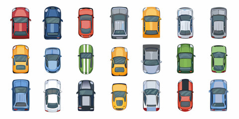 Overhead view of colorful cartoon cars arranged in a grid pattern © Mithun