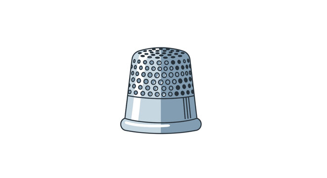 Gray cartoon thimble with dimpled top on white background; metal sewing finger protector tool for stitching and needlework; design element