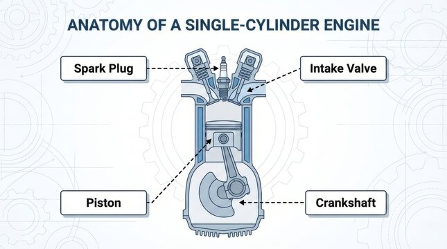 Technical diagram of a single-cylinder internal combustion engine anatomy showing spark plug and piston