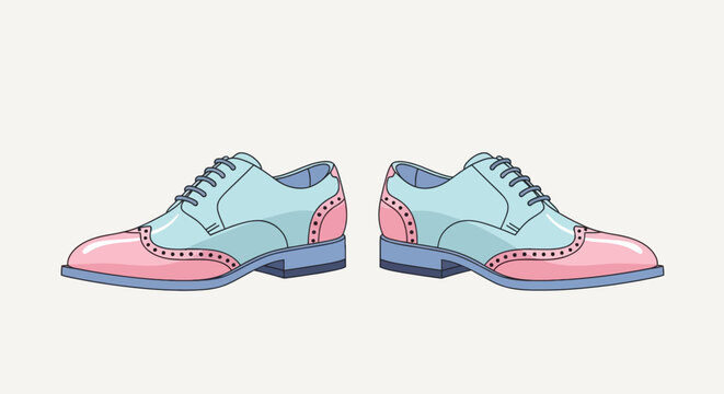 Pair of two-tone light blue and pink wingtip brogue dress shoes illustration on a plain background classic menswear fashion style