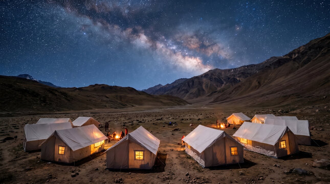 Mountain campsite with tents under Milky Way sky at Chandra Taal