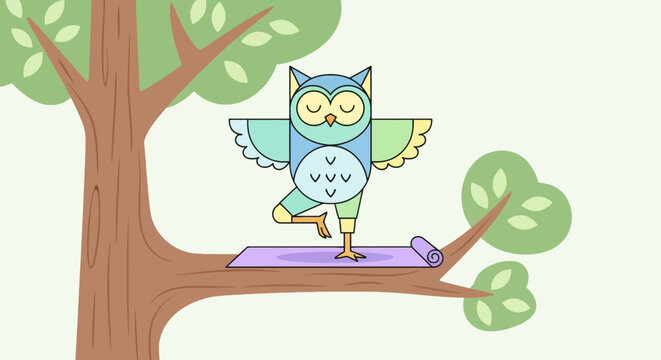 Cute cartoon owl doing yoga on tree branch with green leaves in colorful vector illustration for playful designs and fun projects