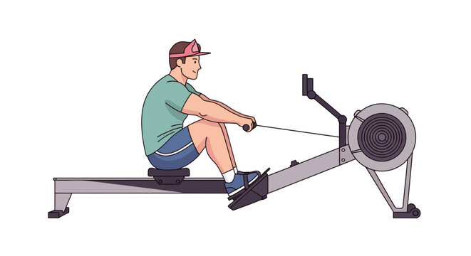 Man using rowing machine for indoor cardio workout in fitness center; exercise machine vector illustration; healthy lifestyle concept