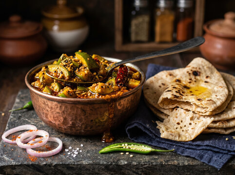 Spicy mango pickle in bowl with hand rolled roti, onion slices, and chili on dark rustic surface.