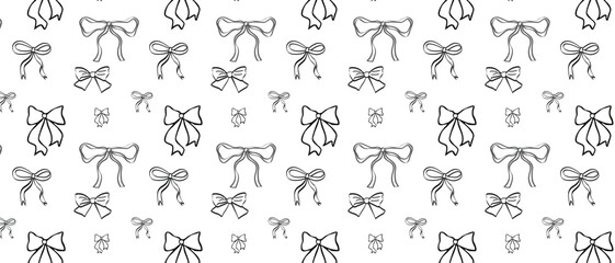 Fototapeta premium Seamless bow pattern, black ribbon outline bows isolated on transparent background, minimal line art repeat for packaging, textile and design