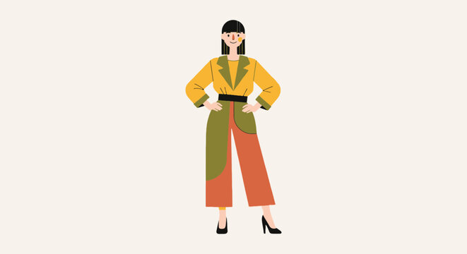 Stylish woman in yellow blazer and colorful pants confidently posing with hands on hips in a full shot vector illustration