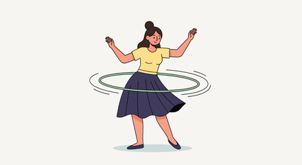 Young woman spinning a hula hoop wearing a yellow top and blue skirt in a cheerful cartoon style illustration  fitness and fun © Baskara