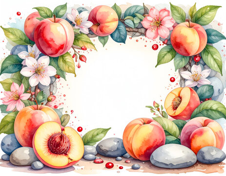 A lush watercolor frame blooming with ripe peaches, red apples, and delicate wildflowers, accented by smooth pebbles and green leaves surrounding a clean, rectangular white copy space