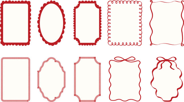 Vintage frame set with scalloped shapes and red borders, decorative frames with inner background isolated on transparent background for cards and design