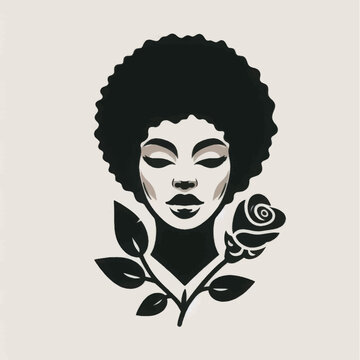 Elegant Black Woman Portrait Illustration with Afro Hairstyle and Rose. Minimalist Graphic Design.