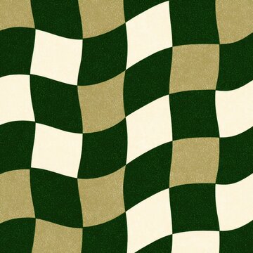 A waving checkerboard pattern of dark green, tan, and cream-colored squares
