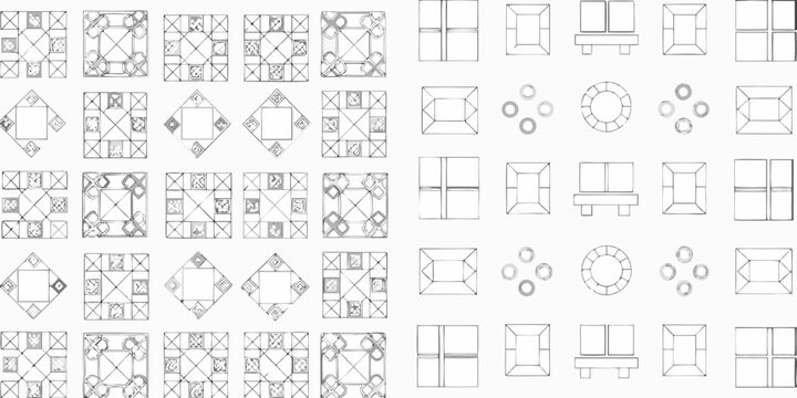 Overhead view of furniture arrangements and floor plans in grayscale
