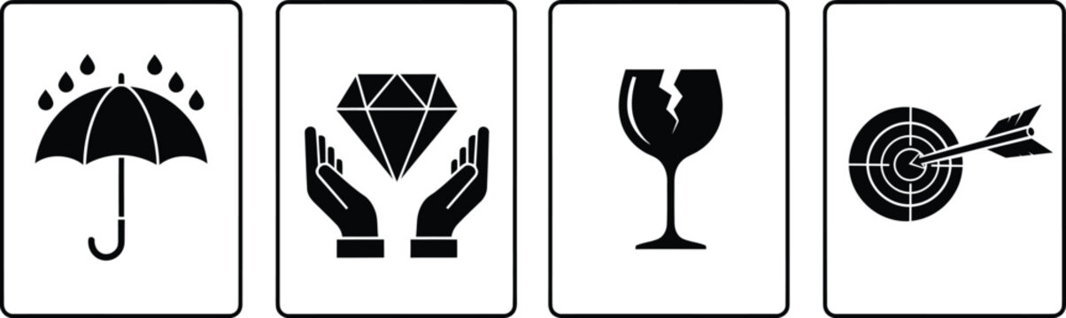 Fragile handling icon set umbrella diamond wine glass and target symbols for shipping