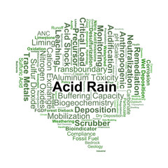 Fototapeta premium Acid Rain Word Cloud. A visual overview of the chemical precursors, environmental damage, and ecosystem changes caused by acidic deposition on nature and architecture.