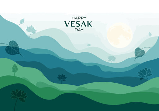Happy Vesak Day text on a serene landscape with rolling hills and leaves.