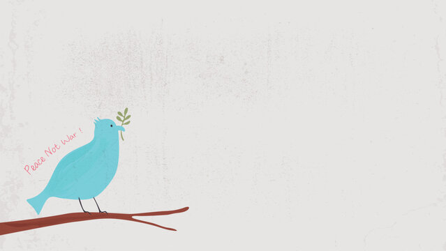 Peace dove light blue color with olive branch doodle line childish style painted on old paper grain texture background have blank space.