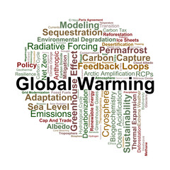 Obraz premium Global Warming Word Cloud. A visual overview of greenhouse gas dynamics, rising temperatures, planetary feedback loops, and the ecological consequences of a warming atmosphere.